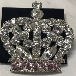 Boutique Silver and Pink Rhinestone Crown Brooch